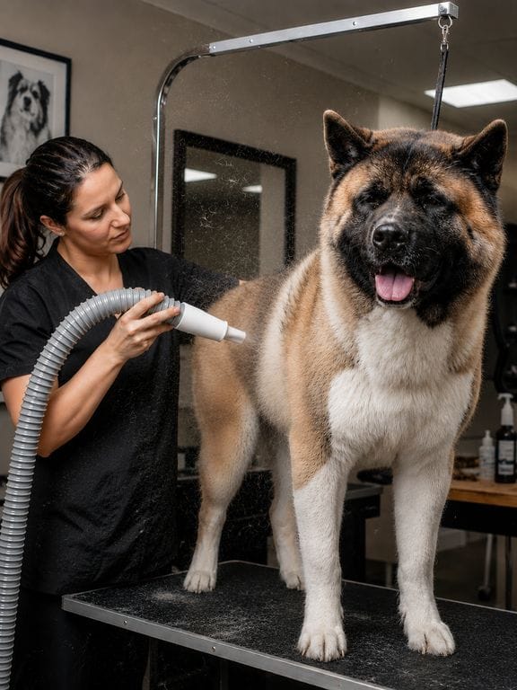Séchage au pulseur de l'Akita Américain
