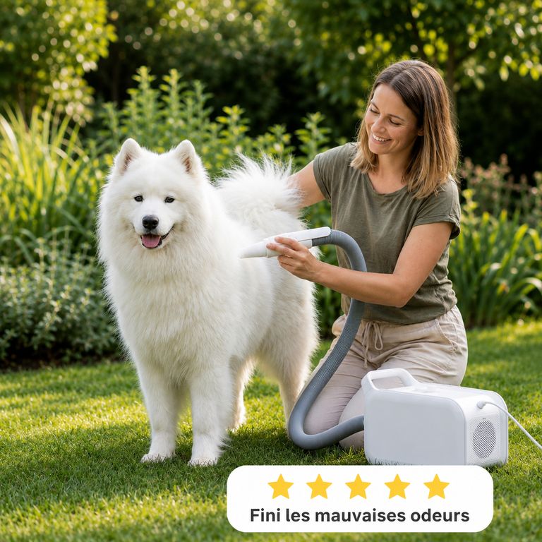 femme utilise pulseur sechoir sur chien samoyede
