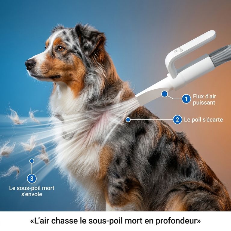 Comment le flux d'air du Pulsr 2 chasse le sous-poil mort du Berger Australien en profondeur