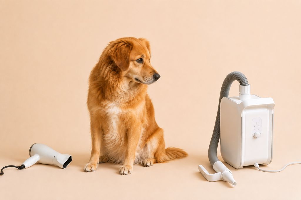 Sèche-cheveux domestique et pulseur pour chien posés au sol de part et d'autre d'un chien à double pelage